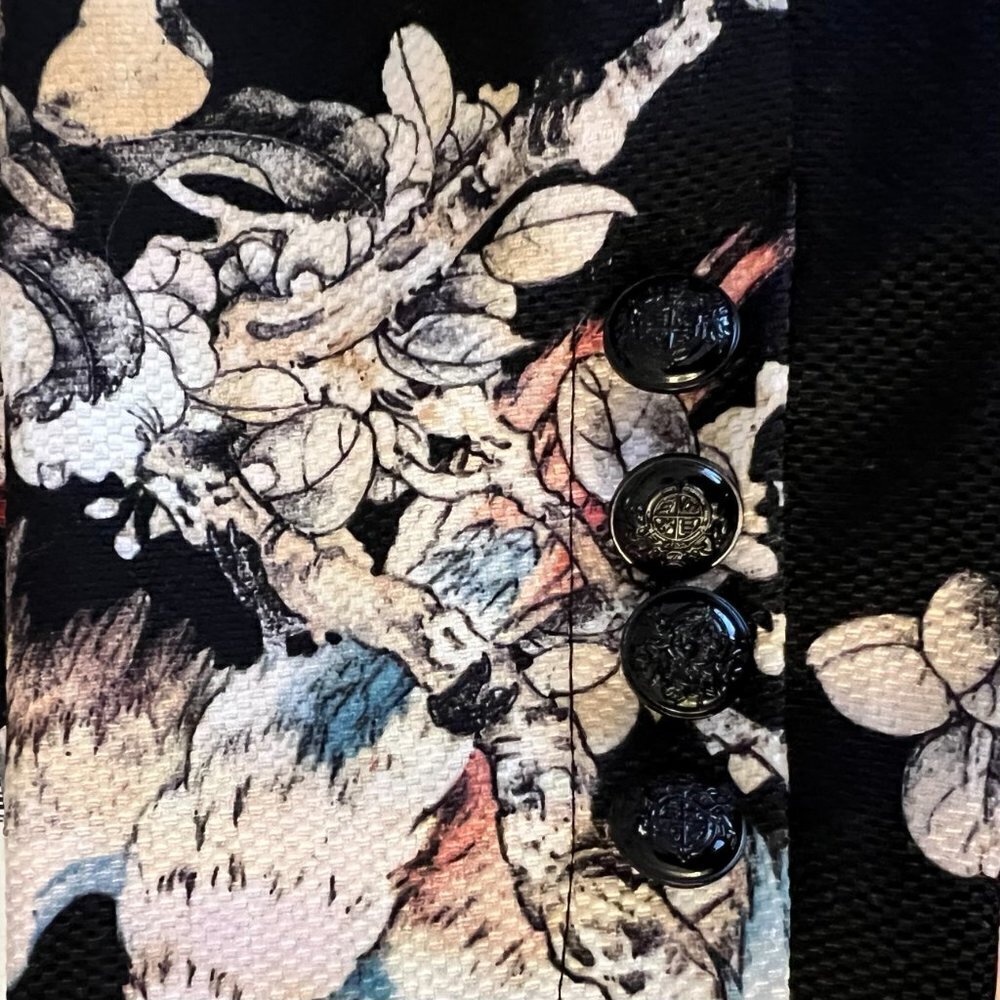 Love Women's Blazer S/M Black‎ One Button Ponte Stretch Pockets Floral Parrots - Picture 8 of 9